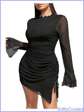 Plus Size Sexy Club Dress Long Bell Sleeve Mini Bodycon Party Outfit